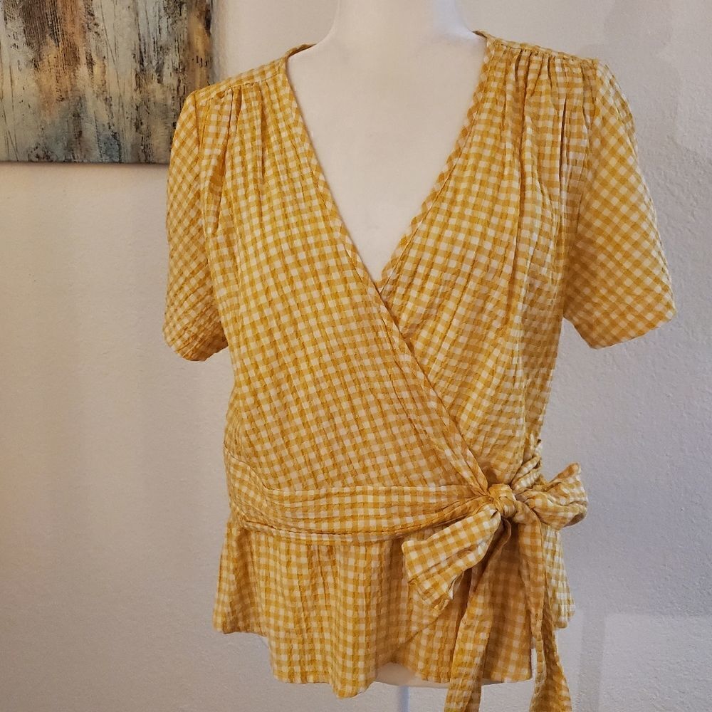 Max Studio Yellow Checker wrap blouse L - Picture 14 of 14